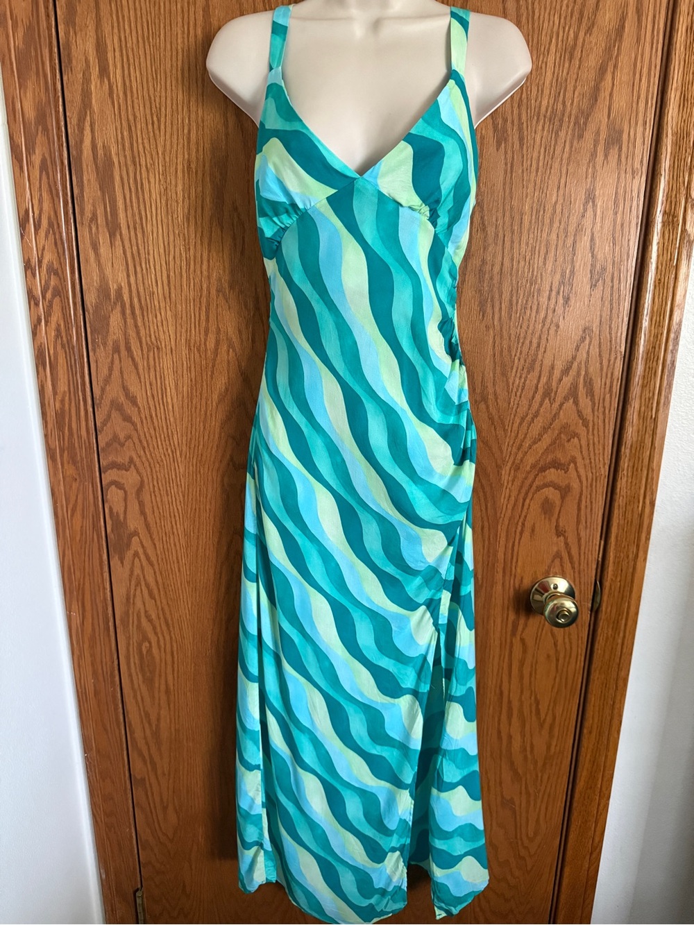 Zara Green + Blue Wavy Print Midi Dress Open Back Cutout Thin Straps Jr's Size M
